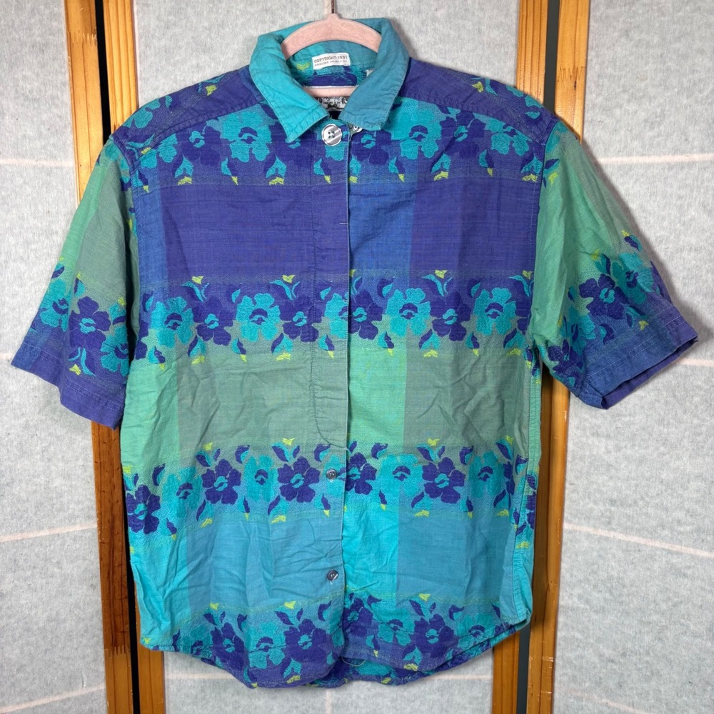 Angelique Vintage 90s Cotton Button Up Shirt S Teal Purple Floral Plaid Boho